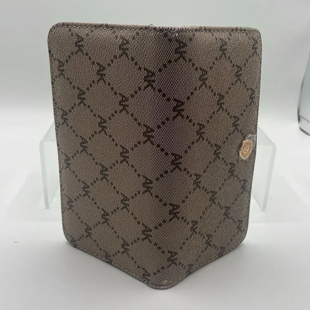 Anne Klein Slim Bi-Fold Wallet Card Holder Beige Brown Monogram Snap closure